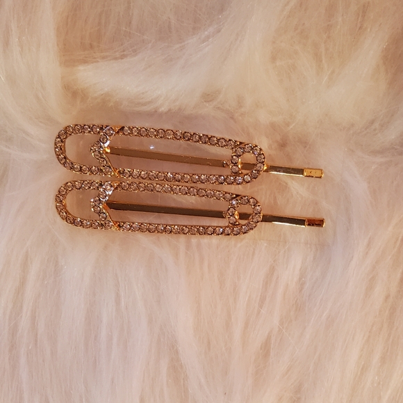 Paper Clip style Hair Pins with Rhinestones A Set of 2 Gold - Picture 3 of 4